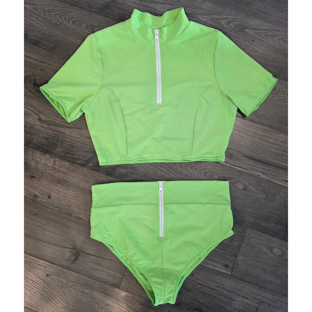 Women's sz XL Neon Lime Green 2 Piece Swimsuit Set Zip Front Rash Guard 90s